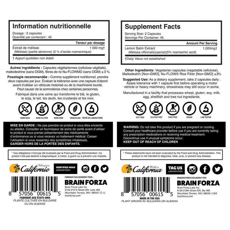Brain Forza Lemon Balm R5 Extract Capsules - Standardized Extract