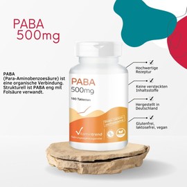Vitamintrend PABA 500 mg, 180 Tablets, Para-Aminobenzoic Acid, Vitamin B10, Dietary Supplement Vegan without Magnesium Stearate, Made in Germany