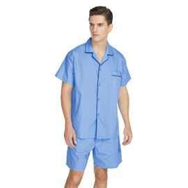 TONY AND CANDICE Mens Cotton Pajamas Short Sleeve Pajama Set Woven Sleepwear Loungewear Nightwear (Mid-Blue, X-Large)