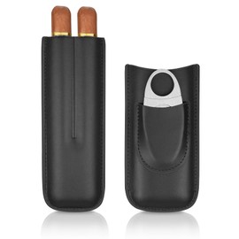 cgaplus 2-Finger Leather Cigar Case with Cutter Leather Lined Cigar Humidor Portable Travel Cigar Case Black