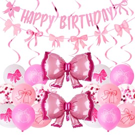 Pink Bow Birthday Party Decorations Dusty Light Pastel White Bows Balloons Pink-Bow Birthday Banner Part-y Hanging Swirls Girl Bows Theme Birth-day Party Decoration Latex Bow Balloons