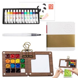 LOMUG Pocket Aquarell Travel Set, Mini Pocket-Aquarellset mit 15 Grids Tragbare Palette, Klein Zeichenbuch, Aquarellpinsel Stifte, 12 Aquarellfarben Reiseset für Anfänger und Profis