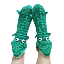 Springcmy Women Funny Socks Knit 3D Animal Sock Crocodile Socks Winter Warm Thick Christmas Alligator Floor Socks Leg Warmers (A-Green Crocodile, One Size)