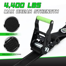 Heavy Duty Wheel Chock Tie Down Straps Set (2PK) - 4,400lb Guaranteed Max Break Strength, (2) 2" x 8' Trailer Tire Straps with (4) Wheel Chocks for ATV, UTV or Tractors