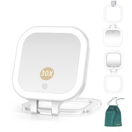 Mocado Compact Travel Makeup Mirror, 1X/30X Magnifying Mirror with Light, Double Sides Compact Mirror with 3 Color Light, Dimmable Handheld Mirror, Rechargeable Travel for Purse,Pocket(White)