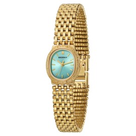 BERNY Gold Watches for Women Oval Ladie's Small Watch Quartz Movement 3ATM Waterproof Female Wrist Watch Small and Exquisite Tools Included -Glacier Blue Dail
