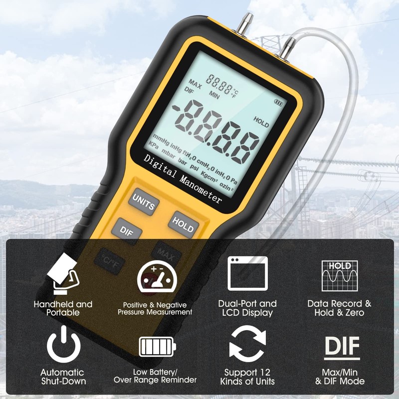 Manometer, Professional Air Pressure Meter, Dual-Port HVAC Digital Manometer Gas