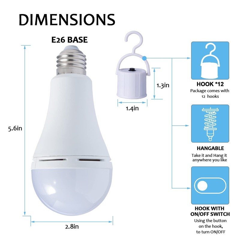 WAHADI 12 Pack A21 Rechargeable LED Bulbs 9W (60W Equivalent)
