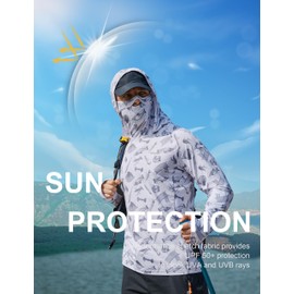 Men's Sun Protection Fishing Shirts UPF 50+ Lightweight Hoodie Long Sleeve UV SPF Hooded Shirts with Mask Rash Guard Underwater World L