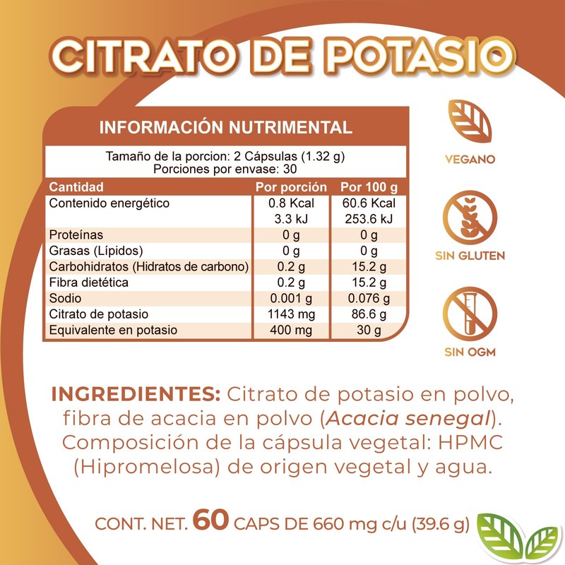 Citrato de Potasio frasco con 60 cápsulas de 660 mg