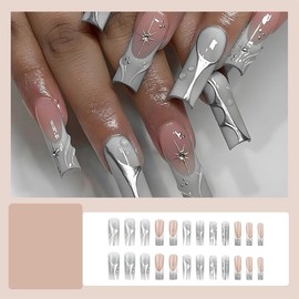 24Pcs French Tip Press on Nails Long Square Fake Nails Artificial False Nails Full Cover Coffin Fake Nail Glue on Nail for Women with Silver Star Designs Stars Rhinestones Removable for Nail