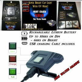 FIRE WATER MARINE COB LED CAP LIGHT WITH UV BLACK LIGHT MODE USB Rechargeable Fishing TORCH BY FWM
