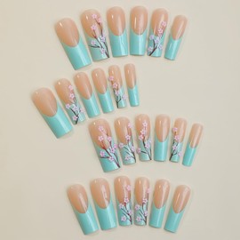 ANDGING French Tip Press on Nails Blue Square Long Fake Nails Glue on Nails with Plum Blossom Design Acrylic False Nails for Wedding Birthday Manicure Gel Women Stick on Nails with Glue 24Pcs LLJ568