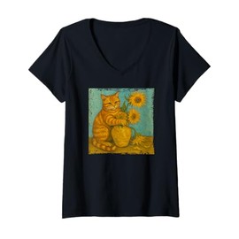 Womens Sunflowers Orange Tabby Cat Painting Famous Artist Novelty V-Neck T-Shirt