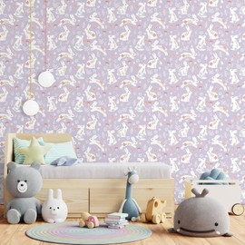 VaryStyle Cute Bunny Floral Wallpaper Purple/White Rabbit Floral Peel and Stick Wallpaper for Girls Bedroom Nursery Removable Self Adhesive Animal Print Contact Paper for Cabinets Drawers 17.7"x118"