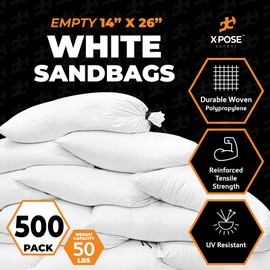 Xpose Safety Heavy Duty Sand Bags with Tie Strings – Empty Woven Polypropylene Sandbags for Hurricane Flood Protection, 50 lb Capacity, 14" x 26", White, Pack of 500