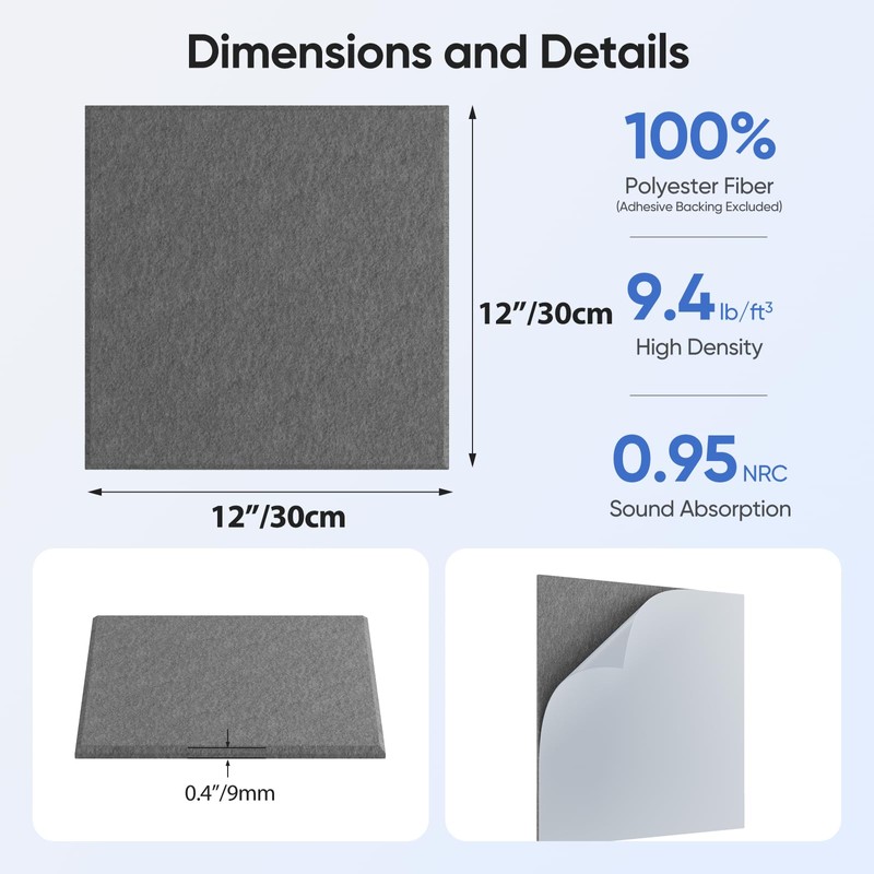 UNECHO 12 Pack 12" X 12" X 0.4" Acoustic Panels