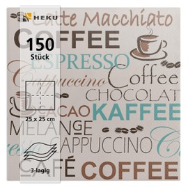 HEKU Café Motif Cocktail Napkins, 3-Ply, 25 x 25 cm, Pack of 150, Stylish Design, Ideal for Celebrations, Practical Packaging