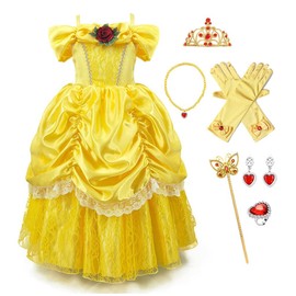 FMYFWY Vestido de princesa Bella y la Bestia para niñas, disfraz de Halloween, Navidad, boda, cumpleaños, con accesorios, talla 12-13