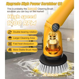 Qimedo Electric Spin Scrubber Extra Large Brush Q3,6000 mAh Best Battery Power Scrubber for Cleaning,1200RPM Shower Cordless Cleaning Brush with 8 Brushes for Bath/Tub/Tile/Floor (Smart Display)