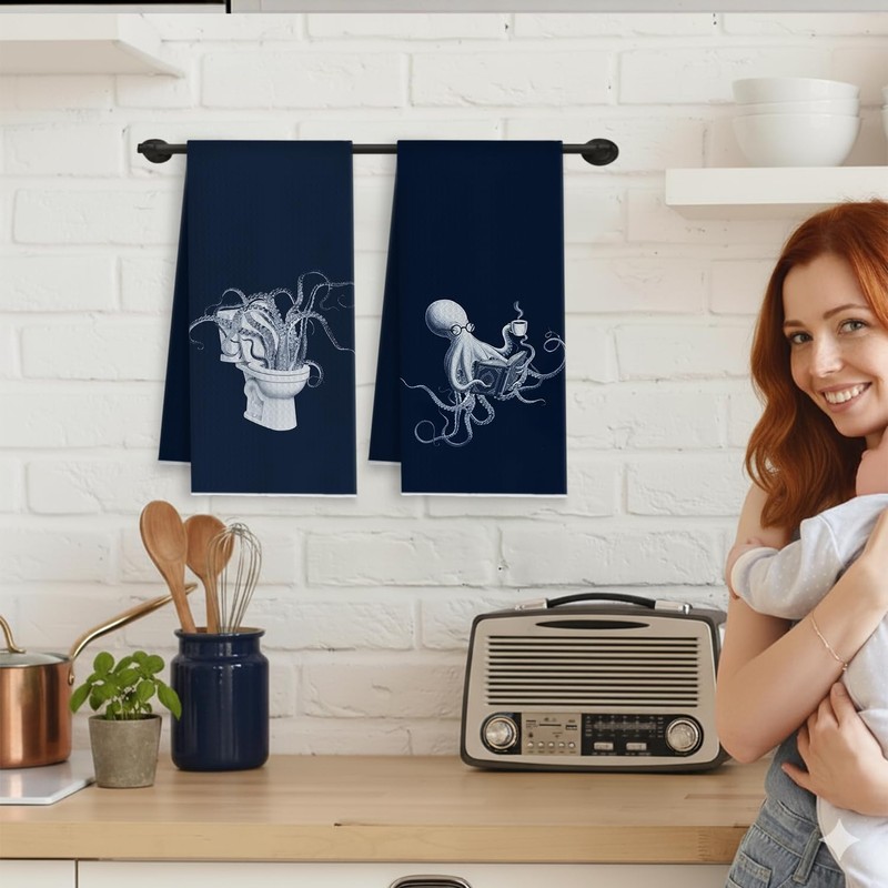 YRDBGHZDF Navy Blue Coastal Beach Octopus Hand Towels, Octopus Bathroom