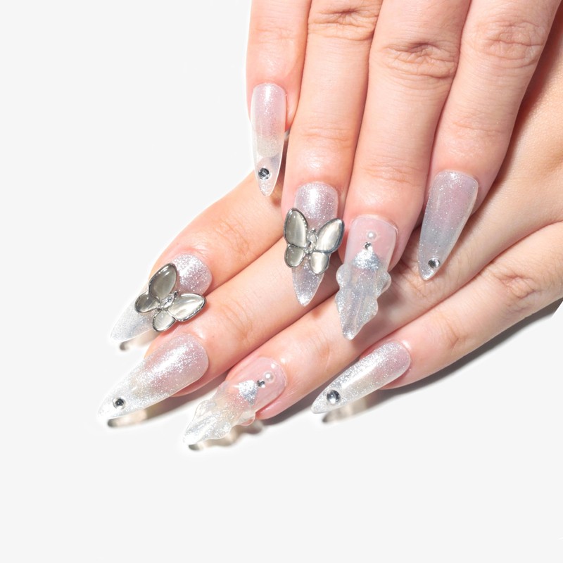 Sun&Beam Nails Handgefertigte Kunstnägel Lang Spitz silberweißes Nägel zum Aufkleben