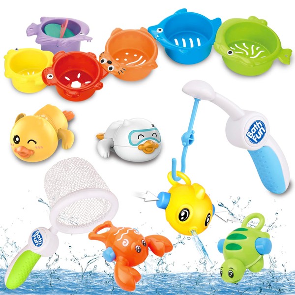 Baby Bath Toys Kids Bathtub Toys with Stacking Cups and Floating Squirting Toys, Fishing Game for Toddles and Babies