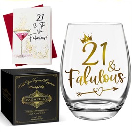 Vagafilla 21 & Fabulous Stemless Wine Glass 15oz, 21st Birthday Glitter Gold Design Wine Glass Gifts for Girl Her Sisters BFF Daughter Women Female Friends, 21 Is the New Fabulous Card Gifts-105