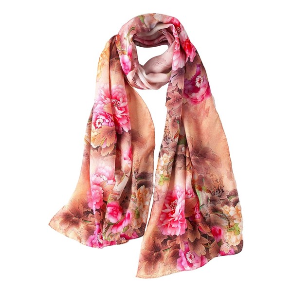 JWSilk 100% Charmeuse Silk Long Scarf Floral Print (Champagne)