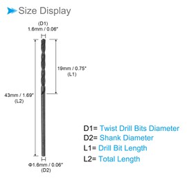 CoCud 6542 High Speed Steel Twist Drill Bits, 1.6mm Diameter 43mm Length, Black Oxide Straight Twist Jobber Drill Bit - (Applications: for Metal Woodwork Plastic Aluminum), 5-Pieces