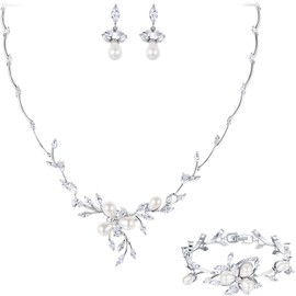 EVER FAITH Mujer Sets de Joyería Cristal Zirconia Cúbica Perla Simulada Boda Flor Filigrana Pulsera Collar Aretes Set