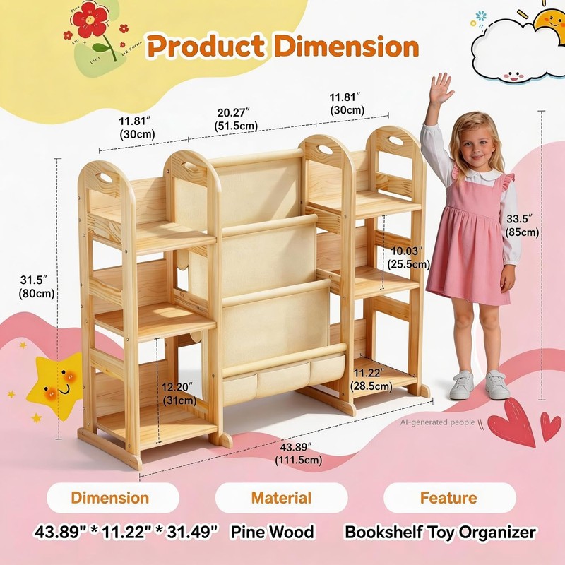 Kids Bookshelf and Toy Storage Organizer, Wood Book Shelf for