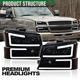 LQI LED DRL Headlight Assembly Compatible with Chevy Silverado 1500 2500 3500 HD Models 2003-2006, Compatible with Chevy Avalanche 1500 2500 2003-2006 Smoky lens Black Housing Amber Reflector