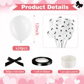 Gejoy Pink Bow Party Decorations 24 Pack 12" Balloons with 200 Pcs Pink Black Bow Balloons Party Decor for Coquette Birthday Bachelorette Baby Shower Wedding Party Supplies(White)