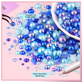 80g Flatback Pearls and Rhinestones for Crafting, Dark Blue Mixed Size 3-10mm Resin Rhinestones and Half Pearls for Bedazzling, Nail Art and Decoration with Tweezer and Pickup Pencil