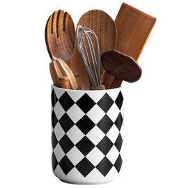 Kitchen Utensil Holder for Countertop， 6.4" Ceramic Utensil Holder Deep and Stable，Kitchen Utensil Organizer，Modern Checkered Utensil Holder for Kitchen Decor