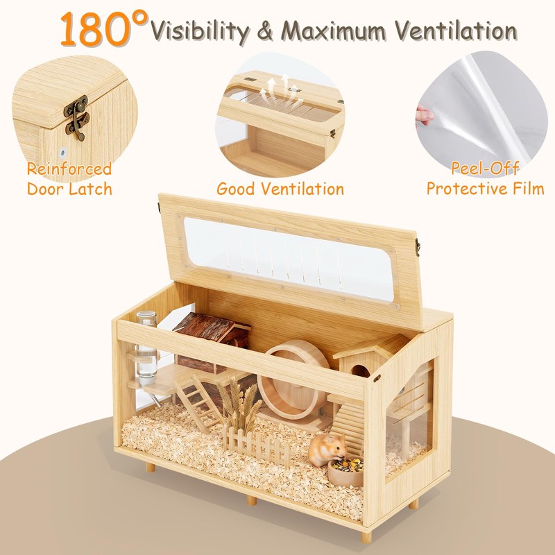 HOTAMO Wooden Hamster Cage with Acrylic Board Base, 31.5"