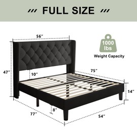 Feonase Full Size Bed Frame with Upholstered Wingback Headboard,Button Tufted Platform Bed and Heavy Duty Wooden Slats Support,Easy Assembly, Noise-Free,No Box Spring Needed, Black