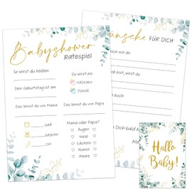 BOOMTOP 26 x Baby Shower Games Cards Guessing Game Baby Shower Games for Boys Girls Gender Reveal Party Decoration Gift German Eucalyptus Typing Cards to Fill In