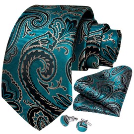 DiBanGu Conjunto de gemelos de seda para hombre con corbata y bolsillo de tela cuadrada formal, corbatas sólidas, 06 Paisley Verde azulado, Medium