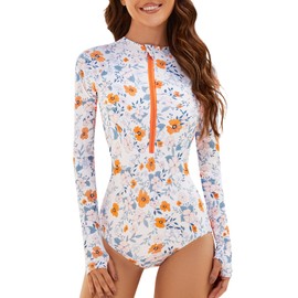Women Long Sleeve One-Piece Swimsuit: Rash Guard UV UPF 50+ Sun Protection Zip Surfing Bathing Suit XL