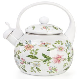 Jucoan 2.3 Quart Vintage Enamel Tea Kettle, Whistling Tea Kettle for Stove Top, Floral Enamel on Steel Teakettle Water Kettle for Home Kitchen, Gift for Wedding Housewarming Mother's Day