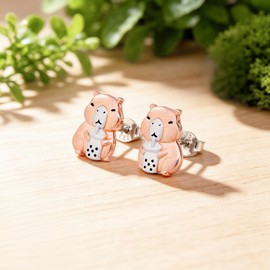 S925 Sterling Silver Capybara Earrings for Women, Cute Boba Stud Earrings, Hypoallergenic Rose Gold Animal Jewelry for Sensitive Ears