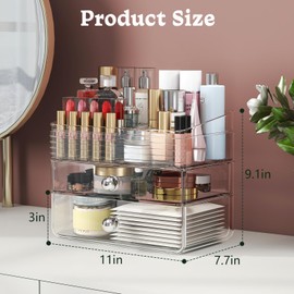 LAMU Makeup Organizer with Large Drawers, Bathroom Counter Skincare Organizer for Vanity,Storage Box with Handle, Cosmetic Display case for Vanity Countertop, Skincare Perfume Storage, Clear