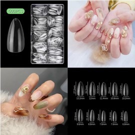 Almond Nail Tips, Pack of 500 False Nails Nail Tips, 10 Sizes, Acrylic False Artificial Nails, Fake Nails, Transparent Ballerina Tips for Nails, Full Cover for Nail Salons and DIY Nail Art