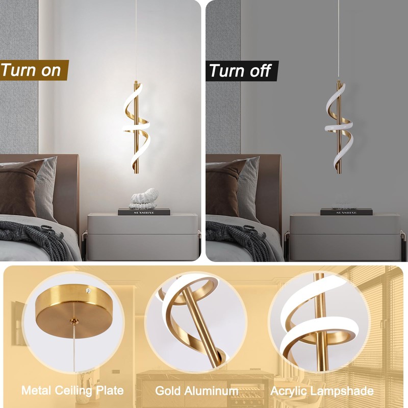 Vloitgol Spiral Led Pendant Light Fixtures, 5500K Gold Modern Led