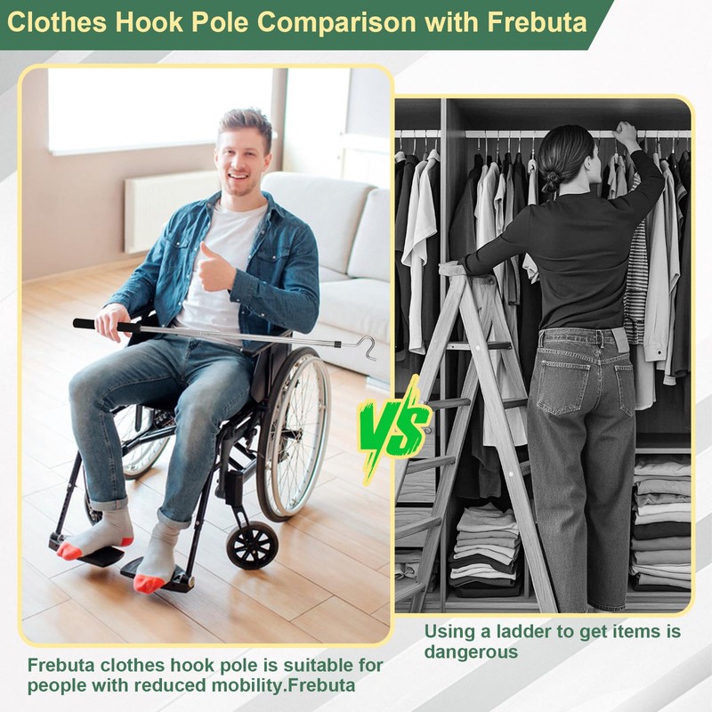Frebuta Clothes Hanger Reaching Hook,33 to 51Inch Clothes Hook Pole