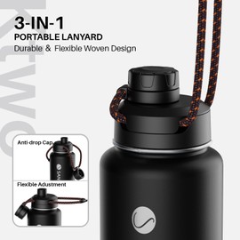 Insulated Water Bottles, Stainless Steel Flask with Lanyard & Wide Mouth Spout Lid, Leak Proof Double Wall Vacuum Drink Bottle, Keep Drinks Hot & Cold for Hiking Camping (Midnight Black, 32oz / 950ml)