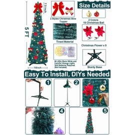 [ Timer ] 5 Ft Pop Up Christmas Tinsel Tree, Blue Collapsible Christmas Tree with 50 LED Color Light 18 DIY Ball Ornaments Bowknot Gift Boxes Battery Operated Pencil Xmas Tree Decor Indoor Home