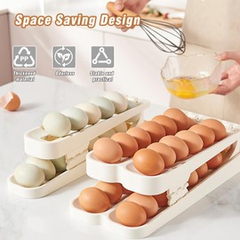 Egg Holder for Refrigerator, 2 Layers Automatic Rolling Egg Container, Fridge Organiser Eggs, Stackable Egg Organiser for Storage of Eggs, Saves Space (2 Rows and 2 Tiers)